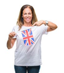 Poster - Middle age hispanic woman holding flag of United Kingdom over isolated background very happy pointing with hand and finger