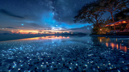 Wall Mural - A beautiful night sky with a large body of water and a tree in the background