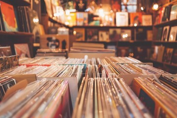 Wall Mural - nostalgic record store with rows of vinyl albums warm vintage lighting creates cozy atmosphere music memorabilia and retro decor evoke bygone era of analog sound