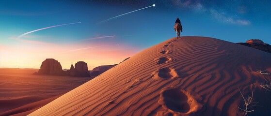 AI generator image of Man riding a camel on top of a desert mountain clear footprints And in the background there is a solar eclipse in the sky.Wide viewing angle, panorama	