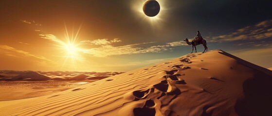 AI generator image of Man riding a camel on top of a desert mountain clear footprints And in the background there is a solar eclipse in the sky.Wide viewing angle, panorama