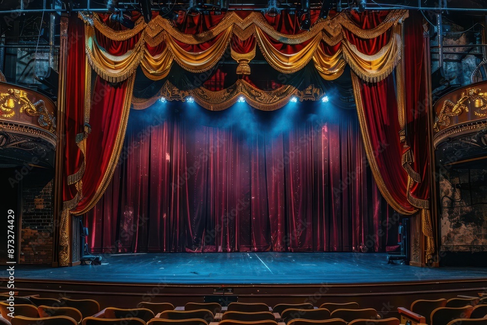 ornate theater stage with rich red velvet curtains golden tassels ...