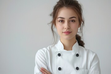 Wall Mural - Lady chef pointing to empty space, room for text, , professional, isolated on white background --ar 3:2 --style raw 