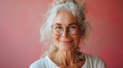 Wall Mural - A joyful elderly woman with white hair and glasses, smiling broadly 