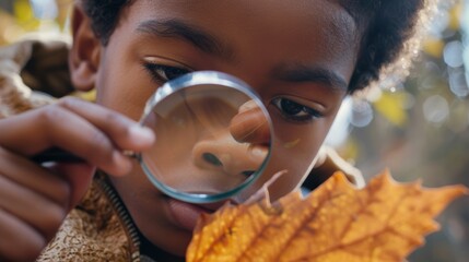 close up: Black boy, 10, holding a magnifying glass and examining a leaf, capturing curiosity and exploration