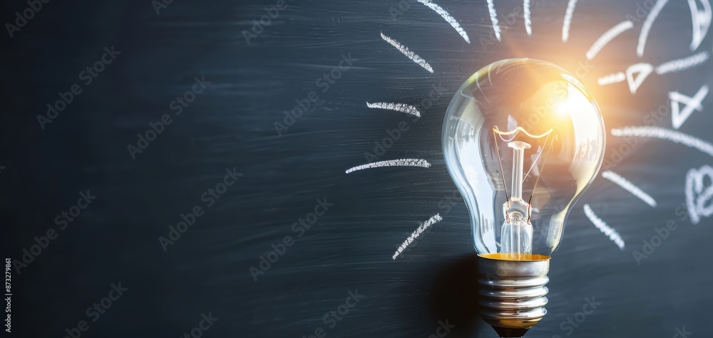 Illuminated light bulb on a blackboard background with doodles ...