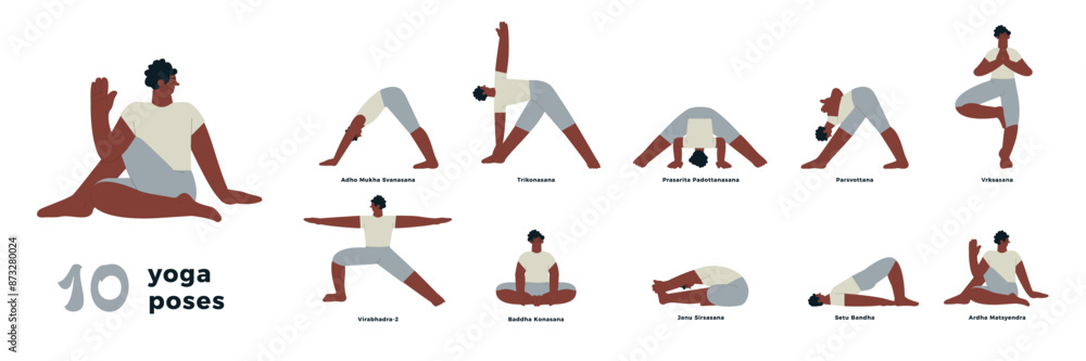 10 yoga poses vector illustration collection. Trikonasana, Prasarita ...