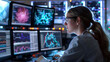 © ugguggu - Female scientist analyzing complex data on multiple monitors in high tech lab, demonstrating advancements in technology and scientific research, with focus on analytics and visualizations.