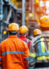 Group of industrial workers wearing safety helmets and reflective clothing at a construction site during the day.