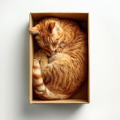 Wall Mural - cat curled up sleeping in a box on a white surface