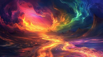 Wall Mural - a fantastical landscape where the ground is made of liquid light and the sky is a canvas of swirling