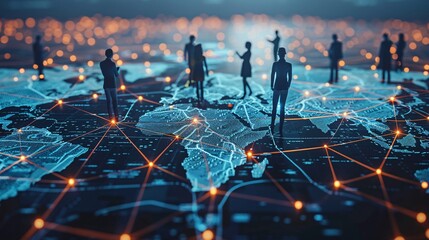 business network concept with business people standing on a global map connected by glowing connecti