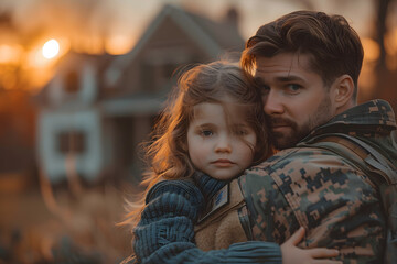 army in camouflage uniform returned home and hugs his family, a soldier goes to war and says goodbye to his daughter and wife