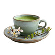 © eshana_blue - Steaming green matcha tea cup with flowers on saucer, isolated png