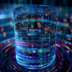 An abstract digital cylinder hologram on a blue background. Concepts of computing, innovation, and media.