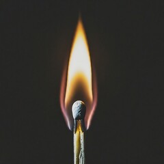 Closeup of fire burning match isolated on black background, image generative ai