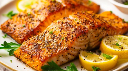 Wall Mural - a plate of salmon with lemon and parsley.
