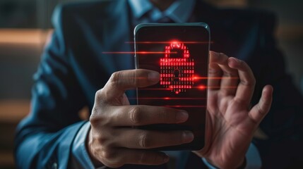Leinwandbilder - Businessman holding phone with phishing alert, cyber fraud warning