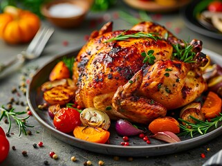 Wall Mural - roasted chicken with vegetables and herbs on a plate.
