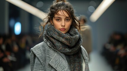 An elegant model struts down the runway in a stylish winter outfit, donning a beautifully layered scarf and coat set, embodying modern chic and sophistication.