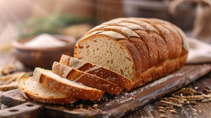 Poster - Sliced wheat loaf on wooden surface