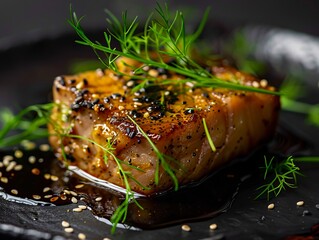 Wall Mural - a piece of salmon with sauce and herbs on a black plate.