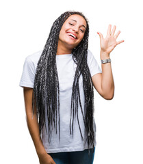 Poster - Young braided hair african american girl over isolated background showing and pointing up with fingers number five while smiling confident and happy.