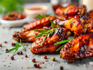 Wall Mural - bbq chicken wings with herbs and spices on a table.