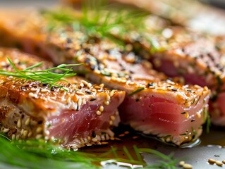 Wall Mural - a close up of tuna steak with dill on it.