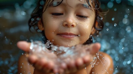 Wall Mural - A young child with wet hair joyfully cupping water in their hands during outdoor playtime, surrounded by water droplets that add a lively and playful element.