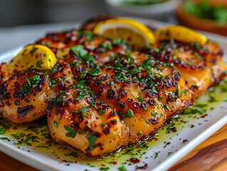 Wall Mural - a plate of food with lemon wedges on it.