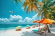 © Jennie Pavl - A serene beach resort scene with vibrant umbrellas and palm trees, set against a clear blue sky with a plane flying in the distance. Perfect for a relaxing getaway.