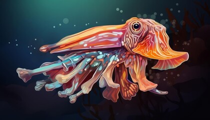 Cuttlefish camouflaging with its surroundings flat design top view ocean theme cartoon drawing vivid