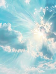 Wall Mural - Sunshine clouds sky during morning background. Blue,white pastel heaven, focus lens flare sunlight. cyan gradient of peaceful nature. Open view out windows beautiful summer spring - generative ai