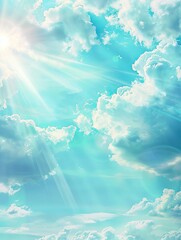 Wall Mural - Sunshine clouds sky during morning background. Blue,white pastel heaven, focus lens flare sunlight. cyan gradient of peaceful nature. Open view out windows beautiful summer spring - generative ai