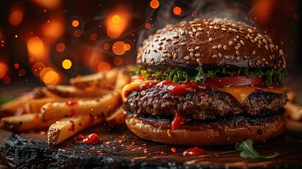 Wall Mural - Close-up of home made tasty burger with french fries and fire flames.