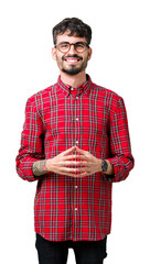 Poster - Young handsome man wearing glasses over isolated background Hands together and fingers crossed smiling relaxed and cheerful. Success and optimistic