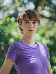 Wall Mural - Transgender person serious expression, standing in park wearing bright purple shirt. Concept LGBTQ