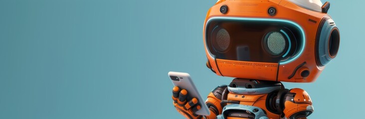 Orange Robot Using A Smartphone Against A Blue Background