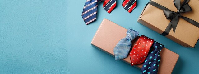 Father's Day concept. Top view photo of craft paper giftbox with silk ribbon bow and postcard blue tie cup of coffee and cufflinks on bicolor blue background, copy space - generative ai