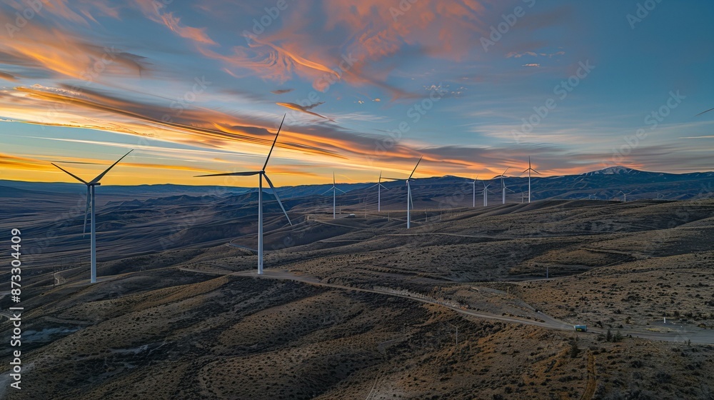 Line of wind turbines stands tall against backdrop of rolling hills and ...