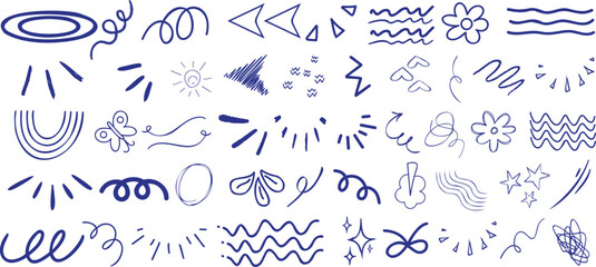 Wall Mural - Doodle scribble line elements vector includes arrows, stars, hearts, flowers, spirals, lines, sun, rainbow. Perfect for decoration, design, scrapbooking, illustration, creativity