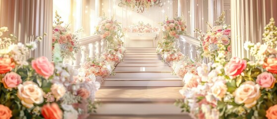 Wall Mural - banquet party decoration wedding flowers background staircase illustration design with luxury decor and floral elements