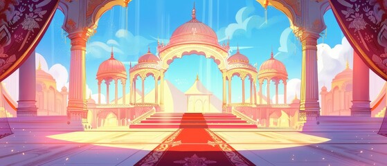 illustration of an indian wedding arch set against a magnificent backdrop with intricate designs and vibrant colors