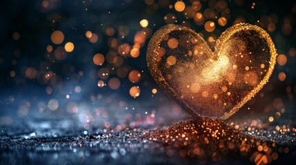 Poster - Glittery heart shape with glowing particles on dark background