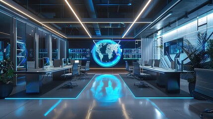 modern futuristic office with glowing blue lights, workstations, and a large digital world map scree