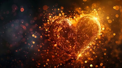 Poster - Glittering heart with radiant particles on dark backdrop, copy space