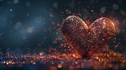 Poster - Glittering heart with radiant particles on dark backdrop, copy space