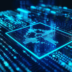 A digital hazard warning sign with binary code in a neon blue style on a dark blue background, conveying a cybersecurity concept. 3D rendering.