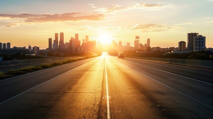 Poster - Sunset Cityscape with an Empty Road